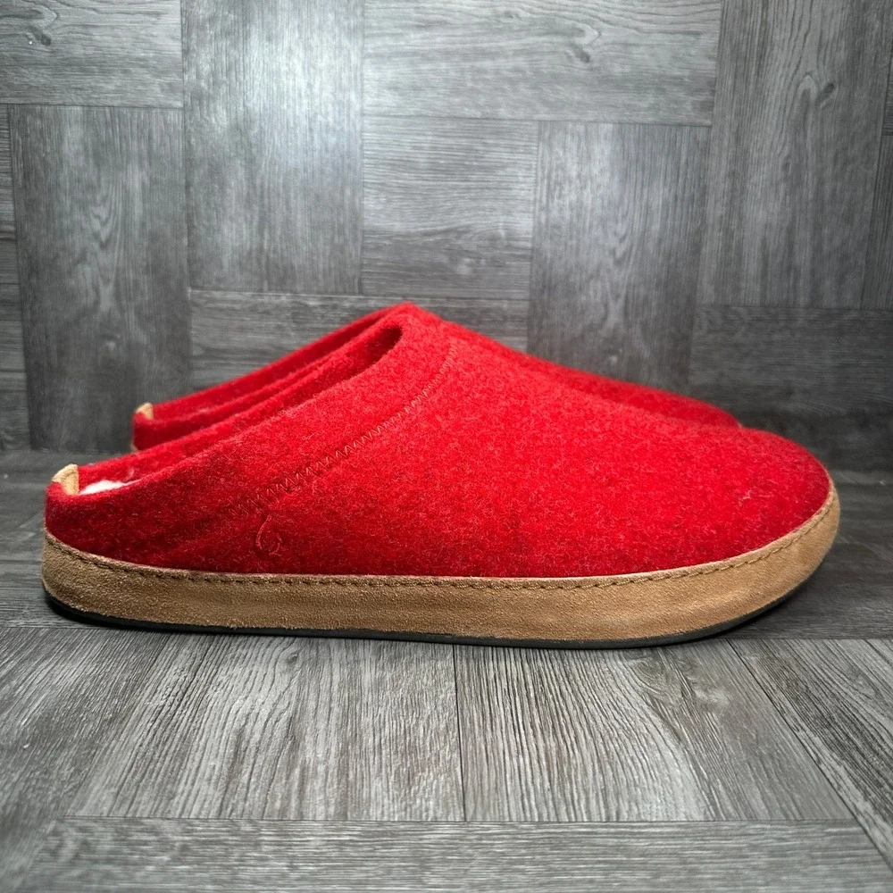 OluKai Hamani Hulu Slipper Mens 13 Red Wool Sheepskin Shearling Mules NEW